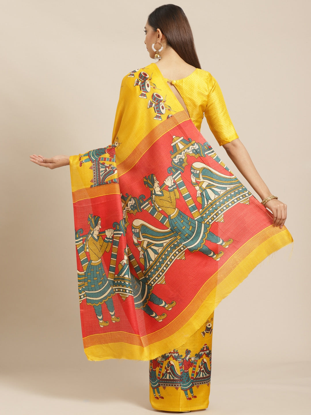 Saree Mall Mustard Yellow & Blue Printed Saree - Distacart