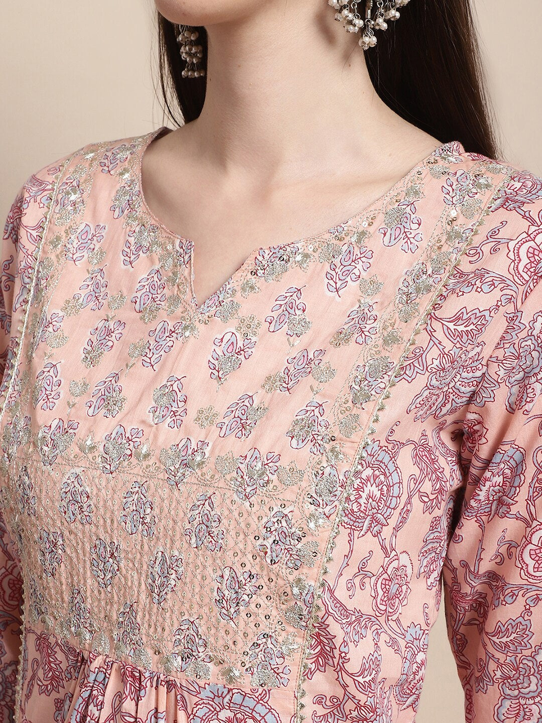 Sangria Printed & Embroidered Pure Cotton A-Line Kurta With Trouser & Dupatta - Distacart