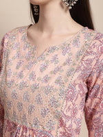 Thumbnail for Sangria Printed & Embroidered Pure Cotton A-Line Kurta With Trouser & Dupatta - Distacart