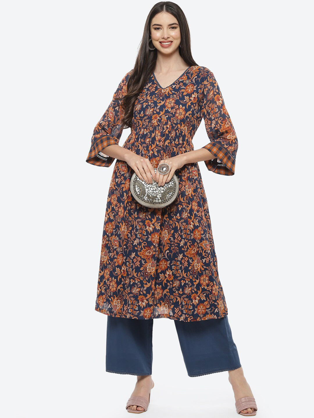 Biba Women Blue Floral Printed Pure Cotton Kurti with Palazzos - Distacart