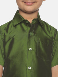 Thumbnail for Sethukrishna Olive Green & White Solid Shirt and Veshti For Boys - Distacart