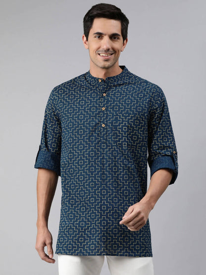 Janasya Men Navy Blue & Yellow Geometric Printed Kurta - Distacart