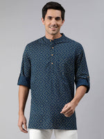 Thumbnail for Janasya Men Navy Blue & Yellow Geometric Printed Kurta - Distacart