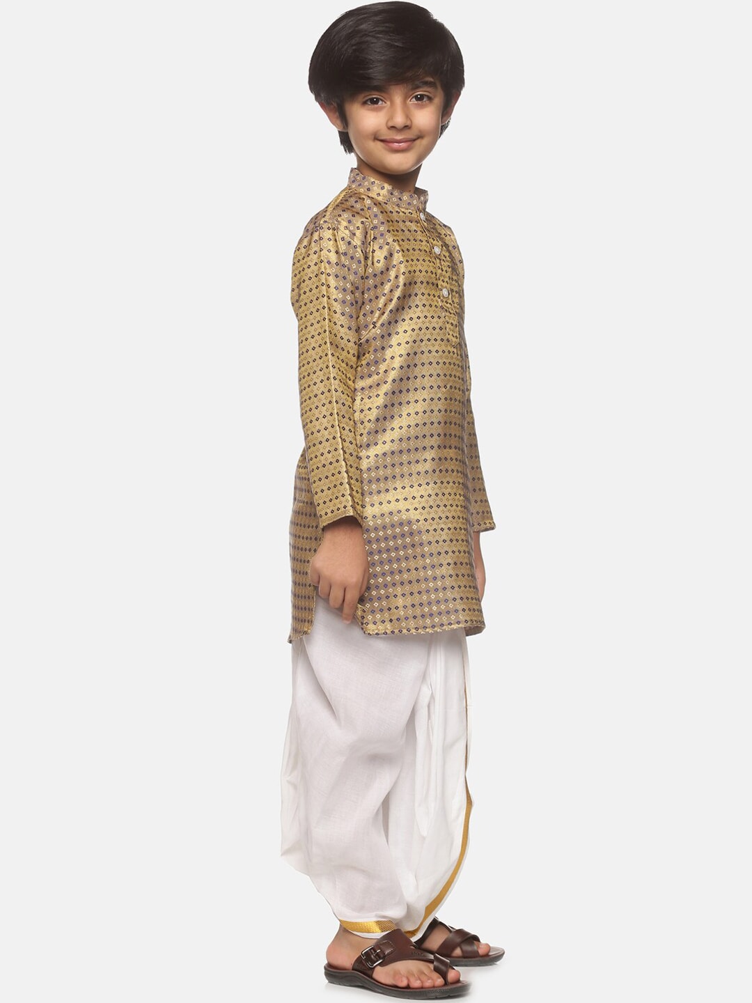 Sethukrishna Boys Gold-Toned Printed Angrakha Kurta with Dhoti Pants - Distacart