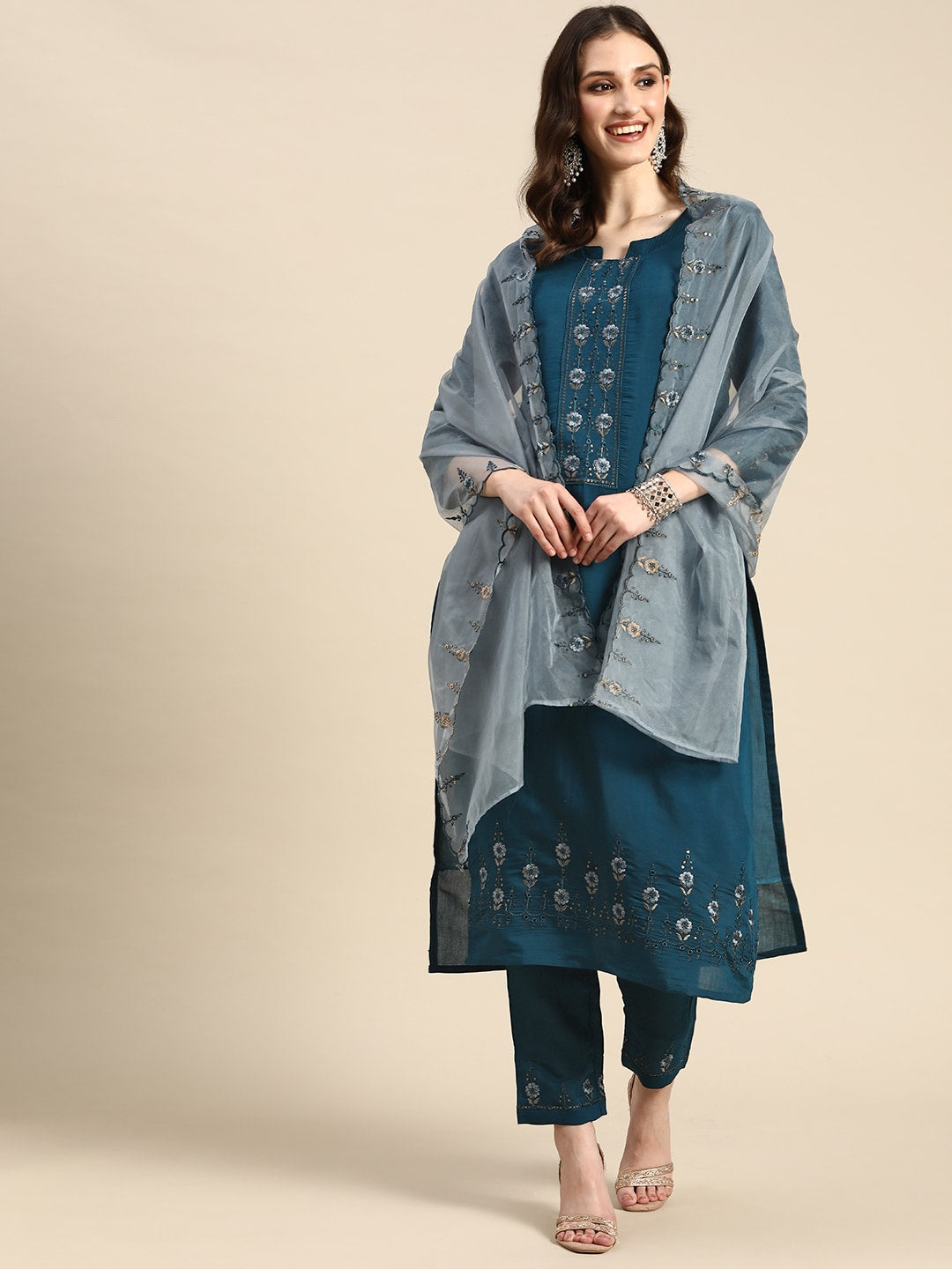 Sangria Women Teal Blue Embroidered Pure Cotton Kurta with Trousers & Dupatta - Distacart