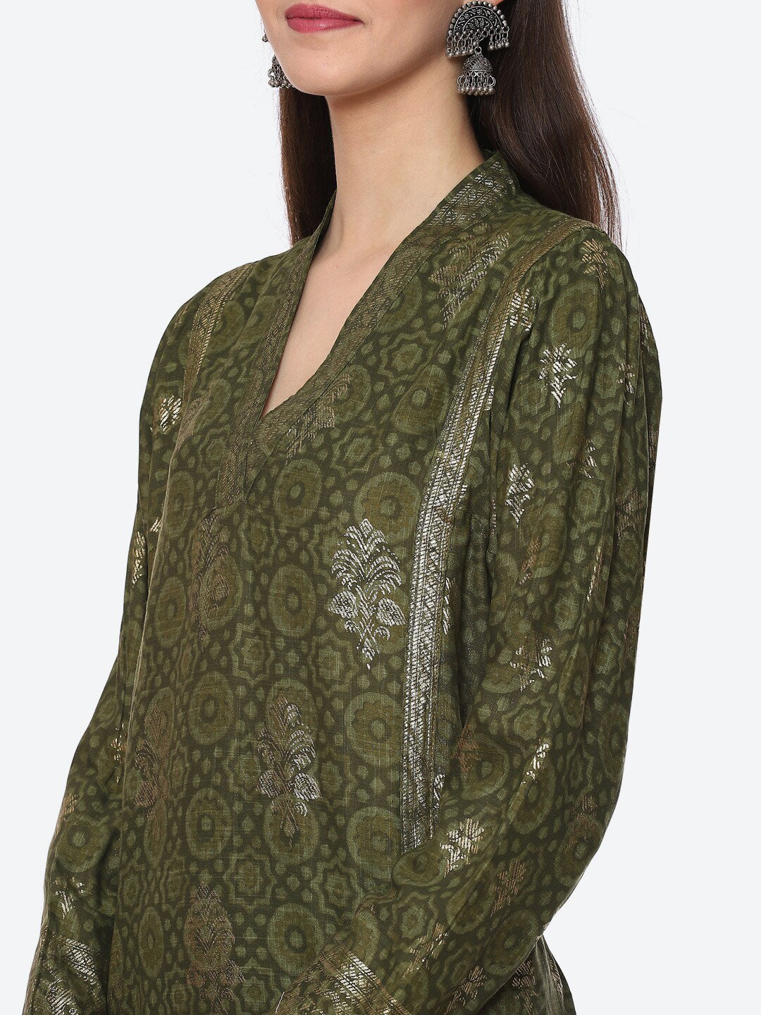 Biba Women Olive Green Geometric Printed Kurta - Distacart