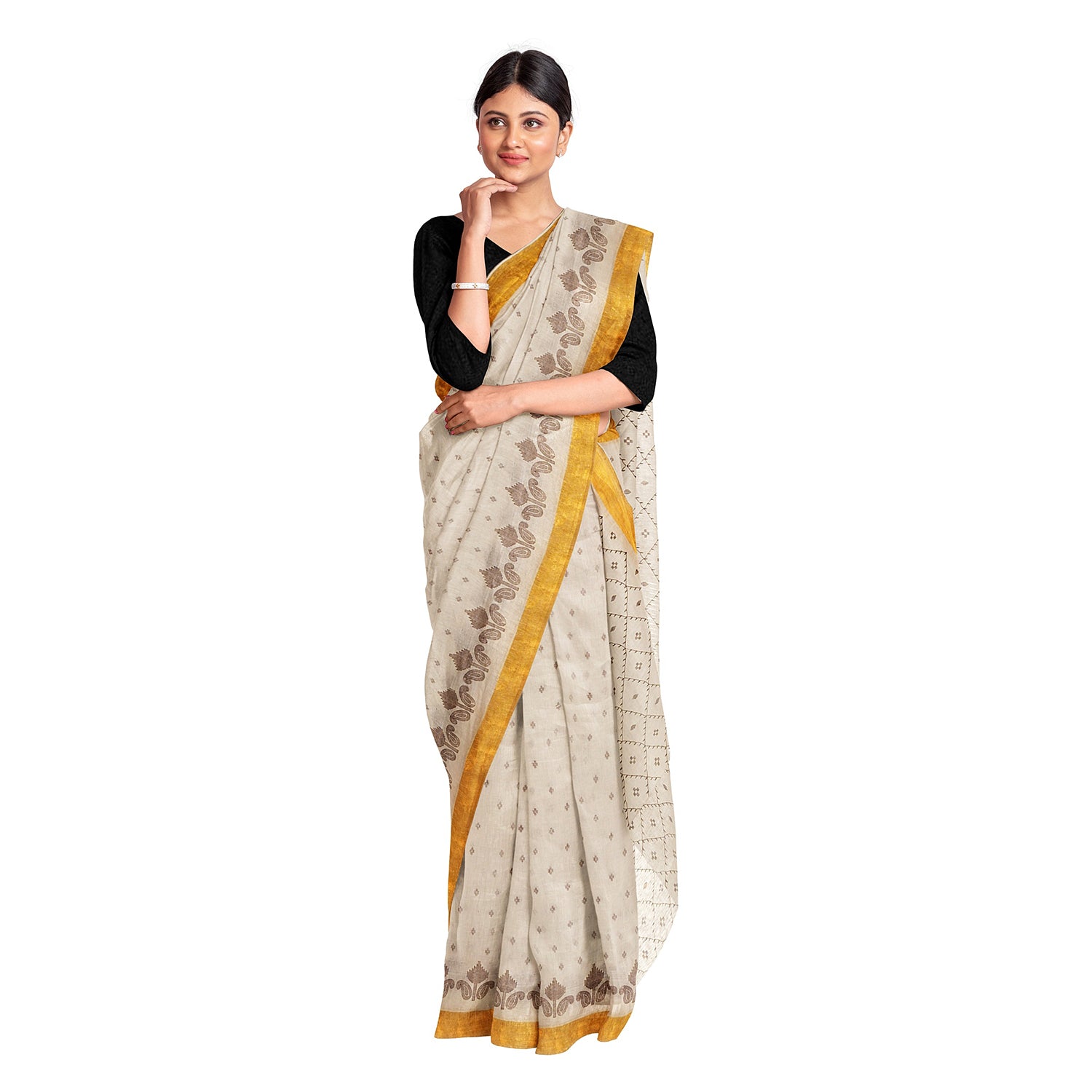 Exclusive Collection 100% Pure Cotton Off White Brown Saree With Printed Work - Distacart