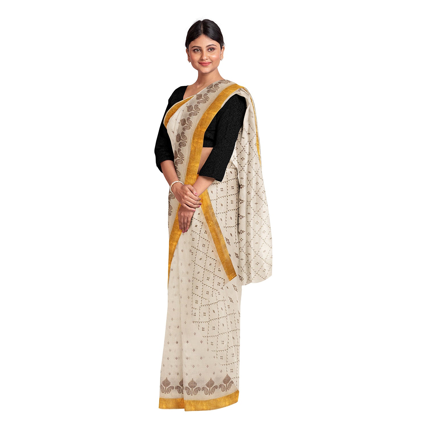 Exclusive Collection 100% Pure Cotton Off White Brown Saree With Printed Work - Distacart
