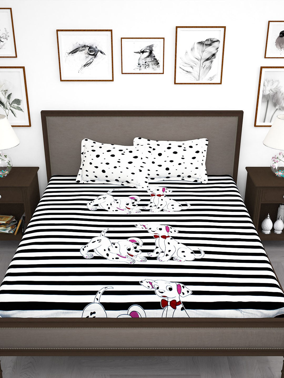 Story@home White & Black Cartoon Characters King Bedsheet with 2 Pillow Covers - Distacart