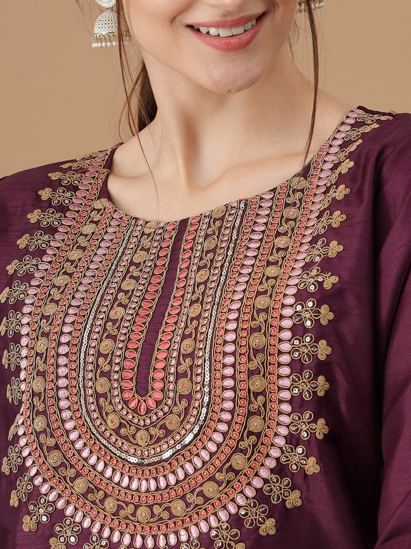 Kalini Ethnic Motifs Yoke Design Regular Thread Work Kurta with Trousers & With Dupatta - Distacart