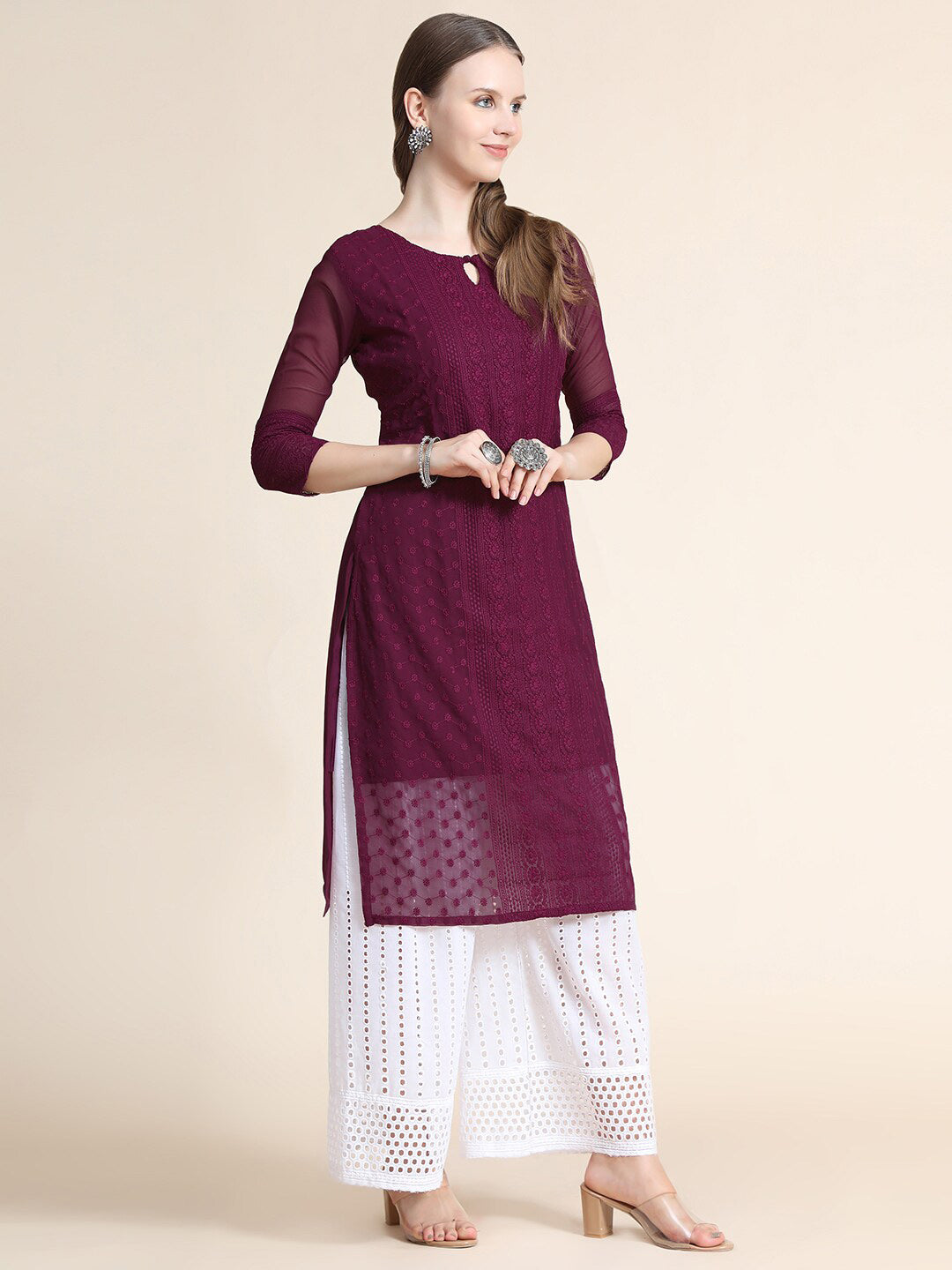 Kalini Women Burgundy Ethnic Motifs Chikankari Kurta - Distacart