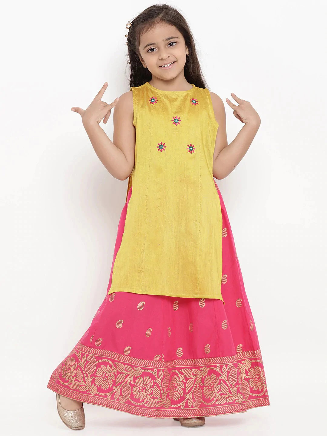 NOZ2TOZ Yellow & Pink Embroidered Kurta & Skirt Set For Girls - Distacart