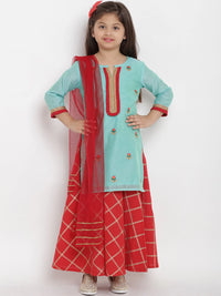 Thumbnail for NOZ2TOZ Sea Green & Red Self Design Kurta & Skirt Set with Dupatta For Girls - Distacart