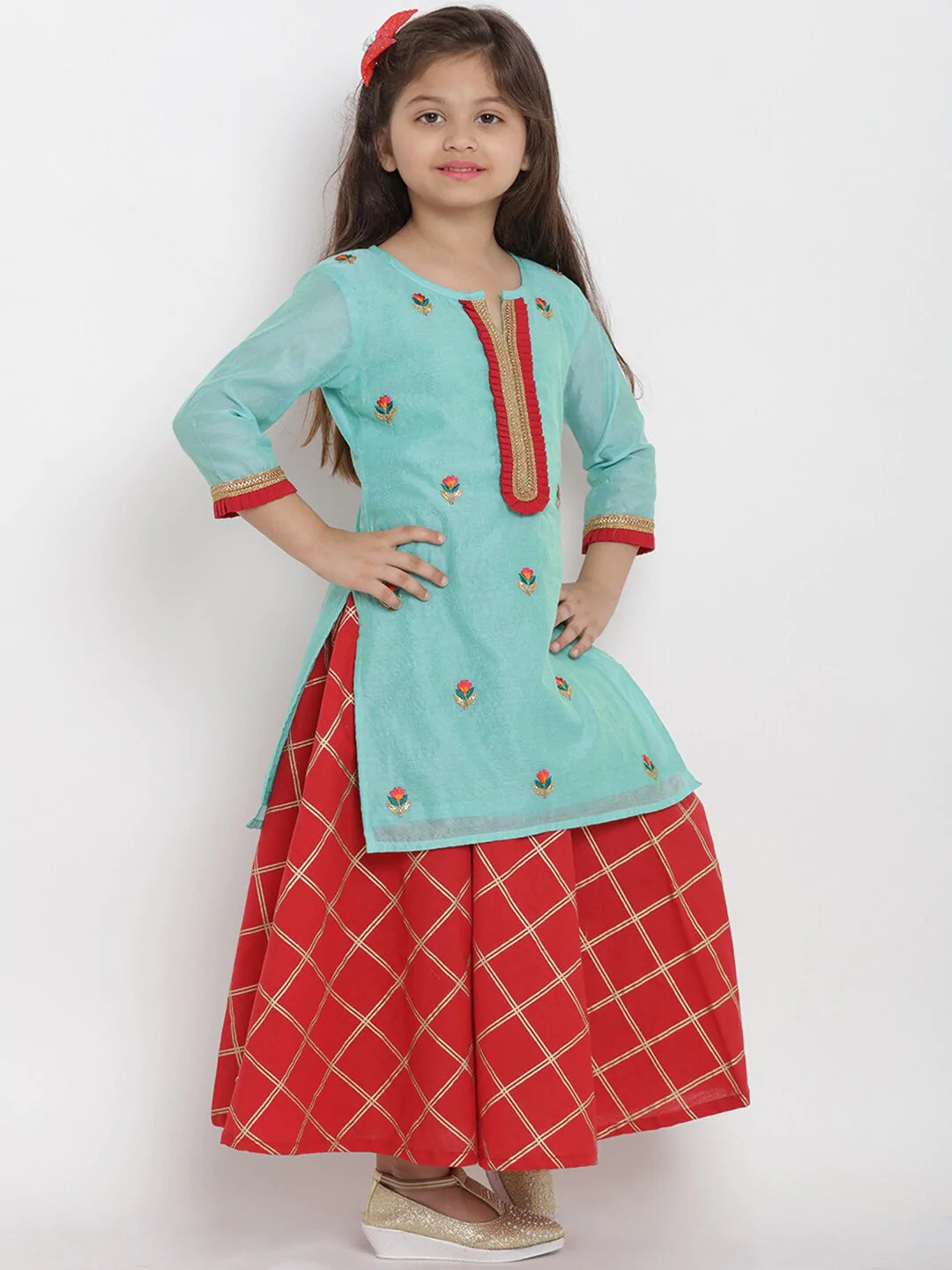 NOZ2TOZ Sea Green & Red Self Design Kurta & Skirt Set with Dupatta For Girls - Distacart