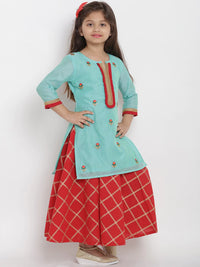 Thumbnail for NOZ2TOZ Sea Green & Red Self Design Kurta & Skirt Set with Dupatta For Girls - Distacart