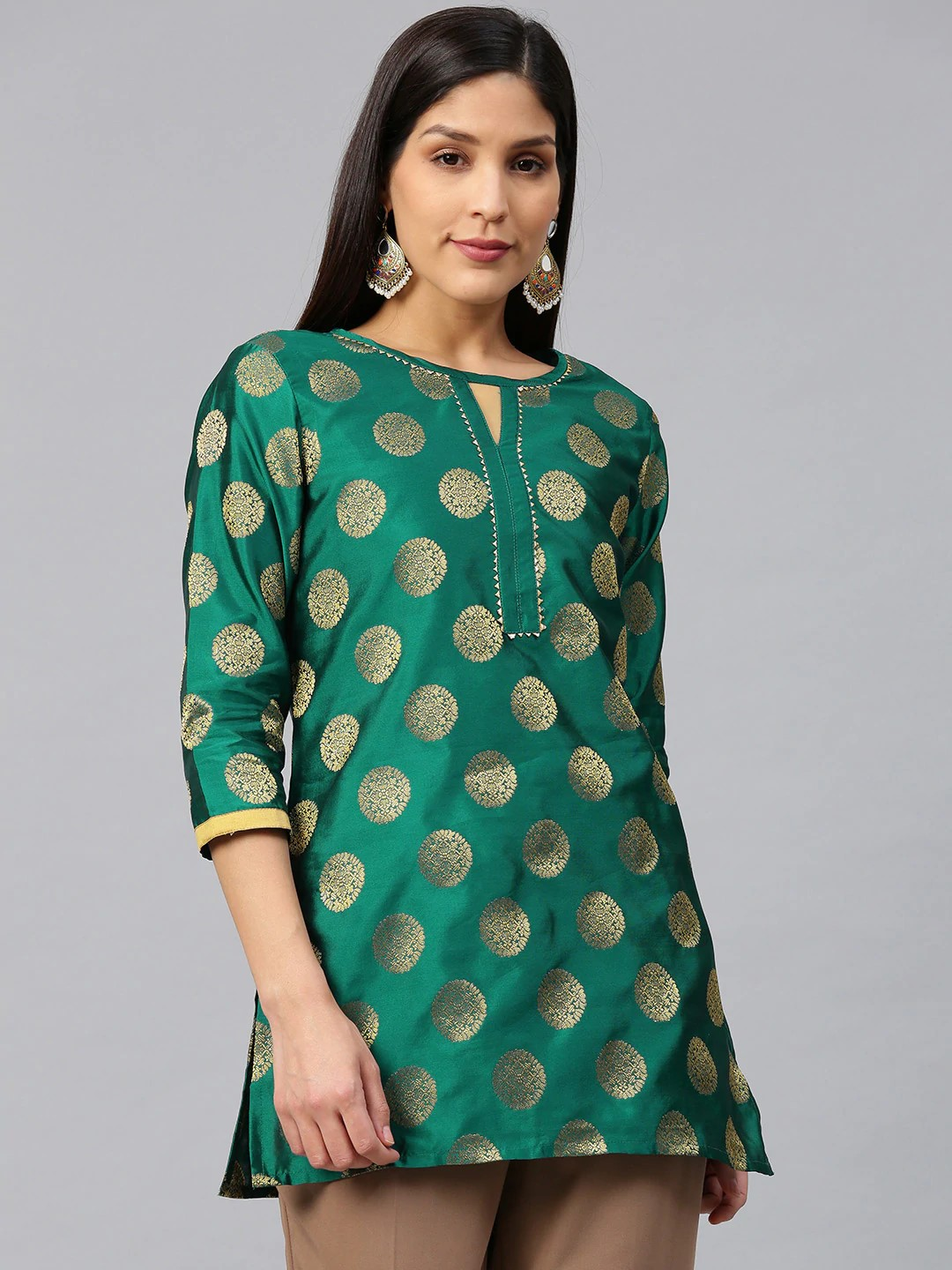 Wahe-NOOR Women's Green & Golden Woven Design Poly Silk Straight Kurti - Distacart