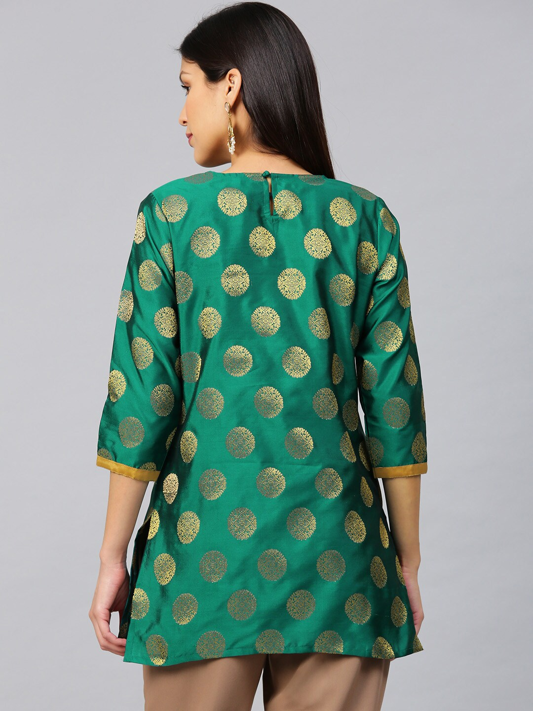 Wahe-NOOR Women's Green & Golden Woven Design Poly Silk Straight Kurti - Distacart