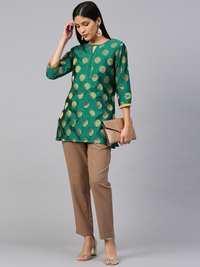 Thumbnail for Wahe-NOOR Women's Green & Golden Woven Design Poly Silk Straight Kurti - Distacart
