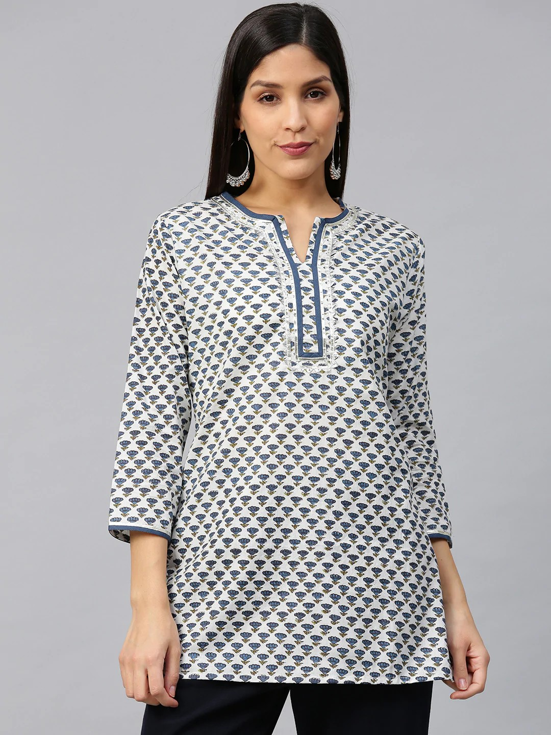 Wahe-NOOR Women's White & Navy Blue Printed Straight Kurti - Distacart