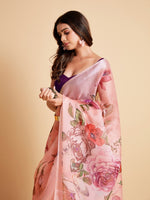 Thumbnail for Sangria Peach-Coloured & Purple Floral Organza Saree - Distacart