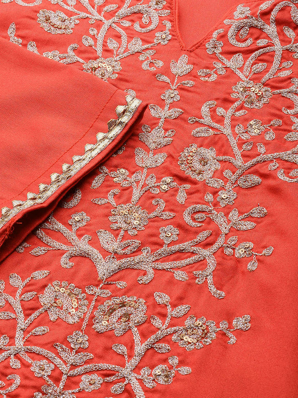 Biba Women Orange Embroidered Kurta with Trousers & Dupatta - Distacart