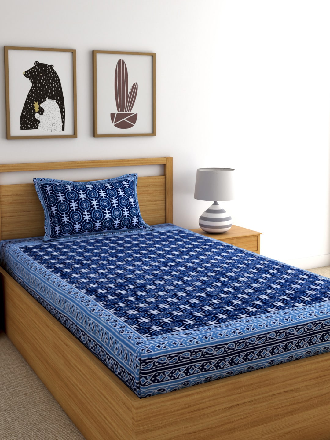 Rajasthan Decor Navy Blue Block Print 144 TC Cotton 1 Single Bedsheet with 2 Pillow Covers - Distacart