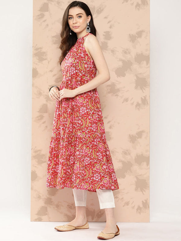 Kalini Floral Printed Halter Neck Pastels Anarkali Kurta - Distacart