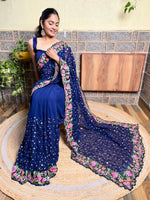 Thumbnail for Mitera Navy Blue & Pink Floral Embroidered Georgette Saree - Distacart