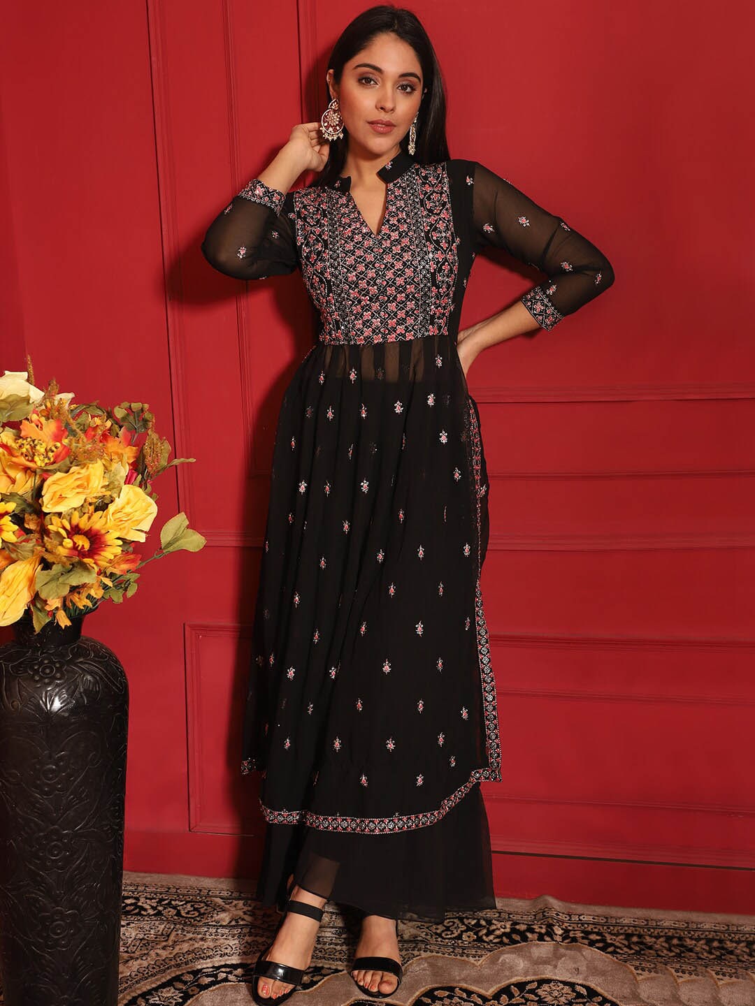 Kalini Embroidered Pleated Thread Work Kurta with Sharara - Distacart
