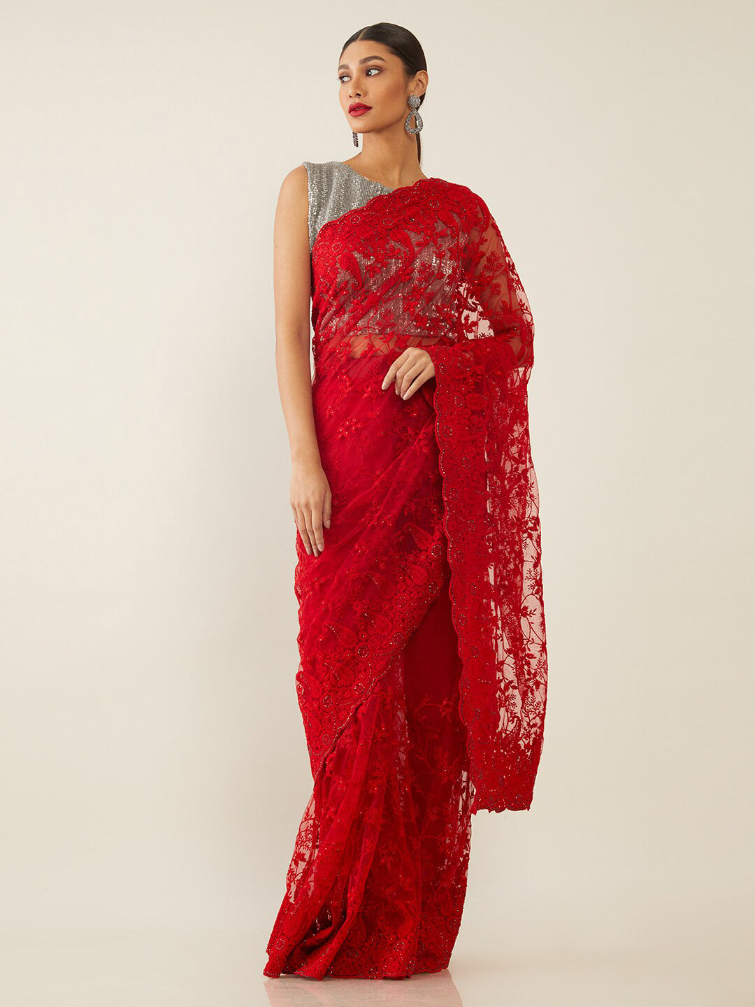 Soch Women Red Embroidered Net Saree - Distacart