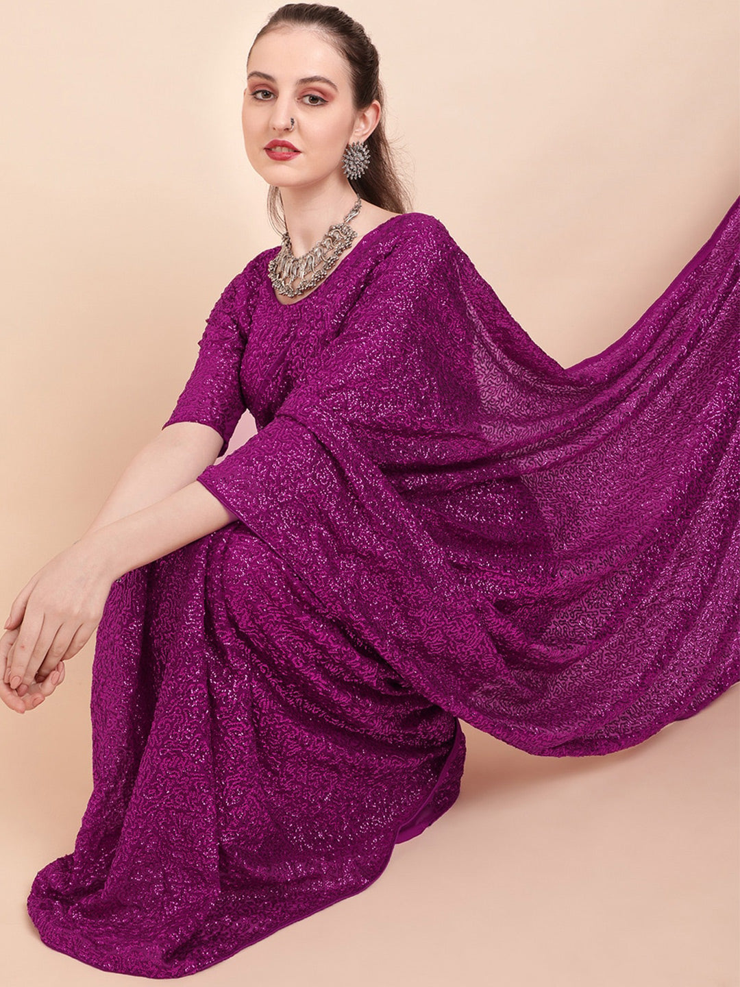 Sangria Sequinned Pure Georgette Party Saree - Distacart