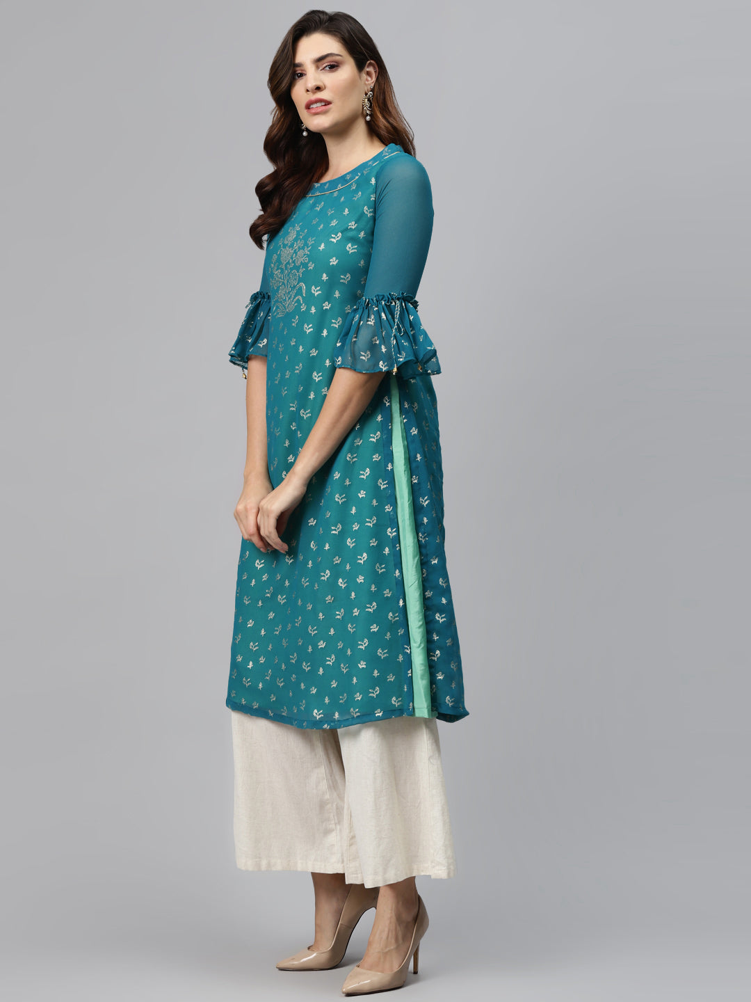 Biba Women Teal Blue & Golden Printed Straight Layered Kurta - Distacart