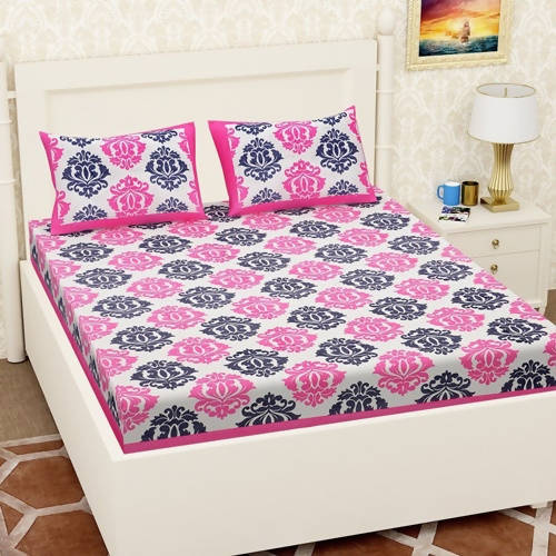 Vamika Printed Cotton White & Pink Flower Design Bedsheet With Pillow Covers (LEOC_PPNKC_P) - Distacart