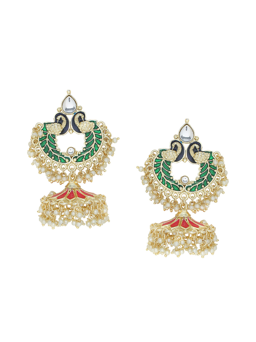 Shoshaa Gold-Plated Green Enamelled Peacock Shaped Jhumkas - Distacart