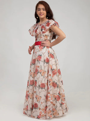 NOZ2TOZ Off White & Red Floral Print Maxi Dress For Girls - Distacart