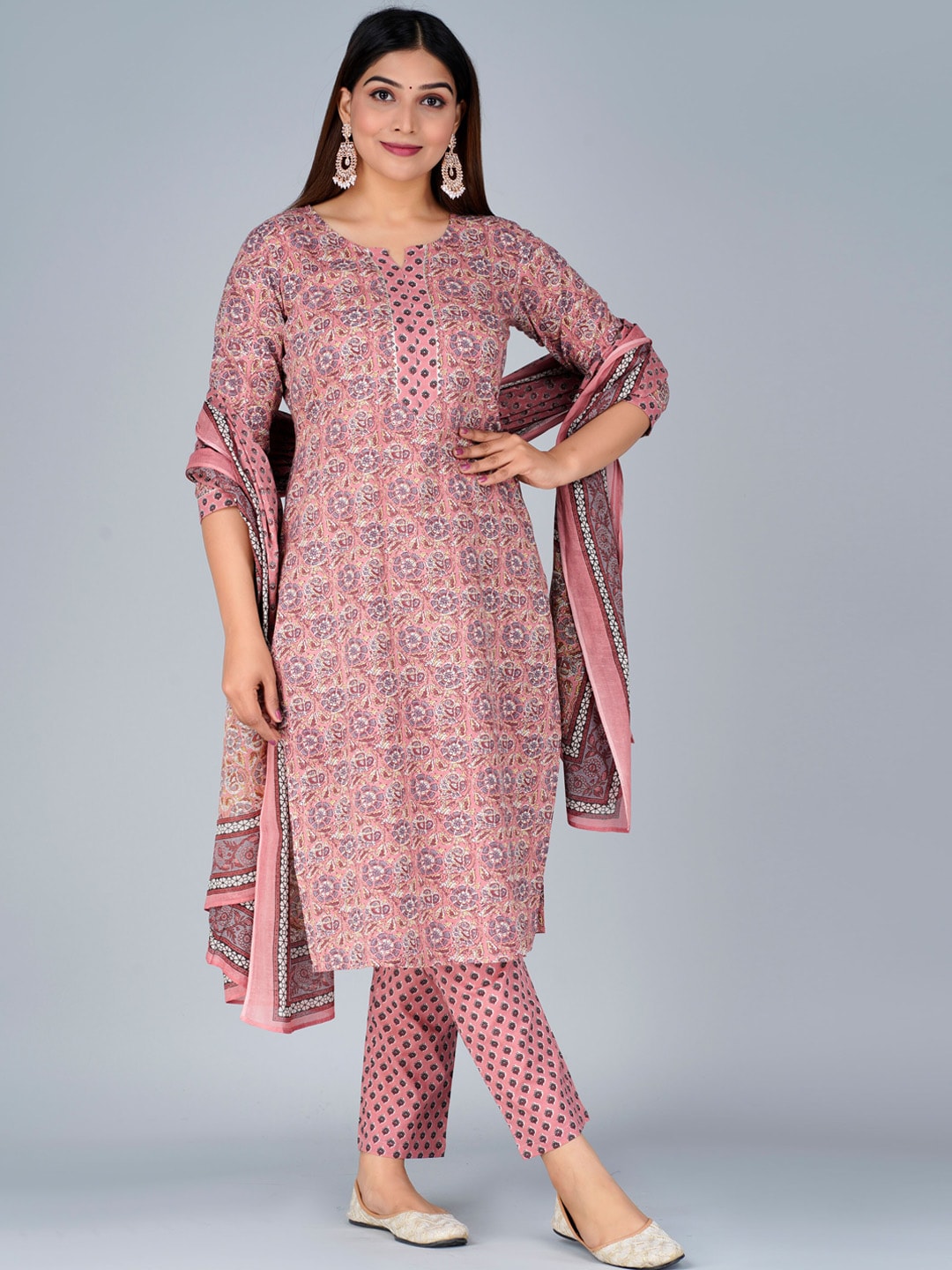 Kalini Floral Printed Pure Cotton Straight Kurta with Trousers & Dupatta - Distacart