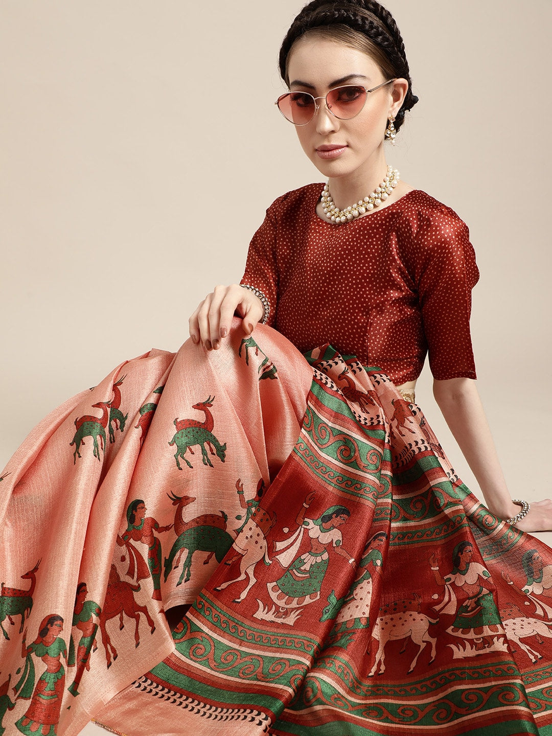 Saree Mall Saree Mall Trendy Peach and Maroon Art Silk Saree - Distacart