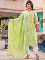 Thumbnail for Sangria Green Embroidered Pure Cotton Straight Kurta With Trouser & Dupatta - Distacart