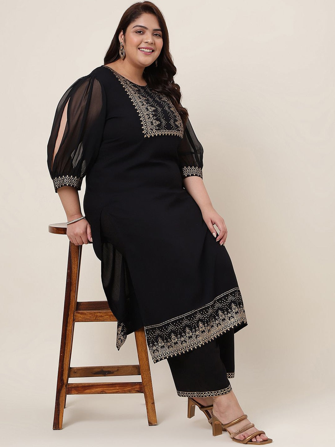 Kalini Ethnic Motifs Printed Puff Sleeves Silk Cotton Kurta - Distacart