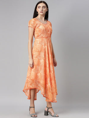 Souchii Orange Floral Chiffon Midi Dress - Distacart
