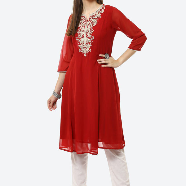 Biba Women Red Ethnic Motifs Embroidered Kurta - Distacart