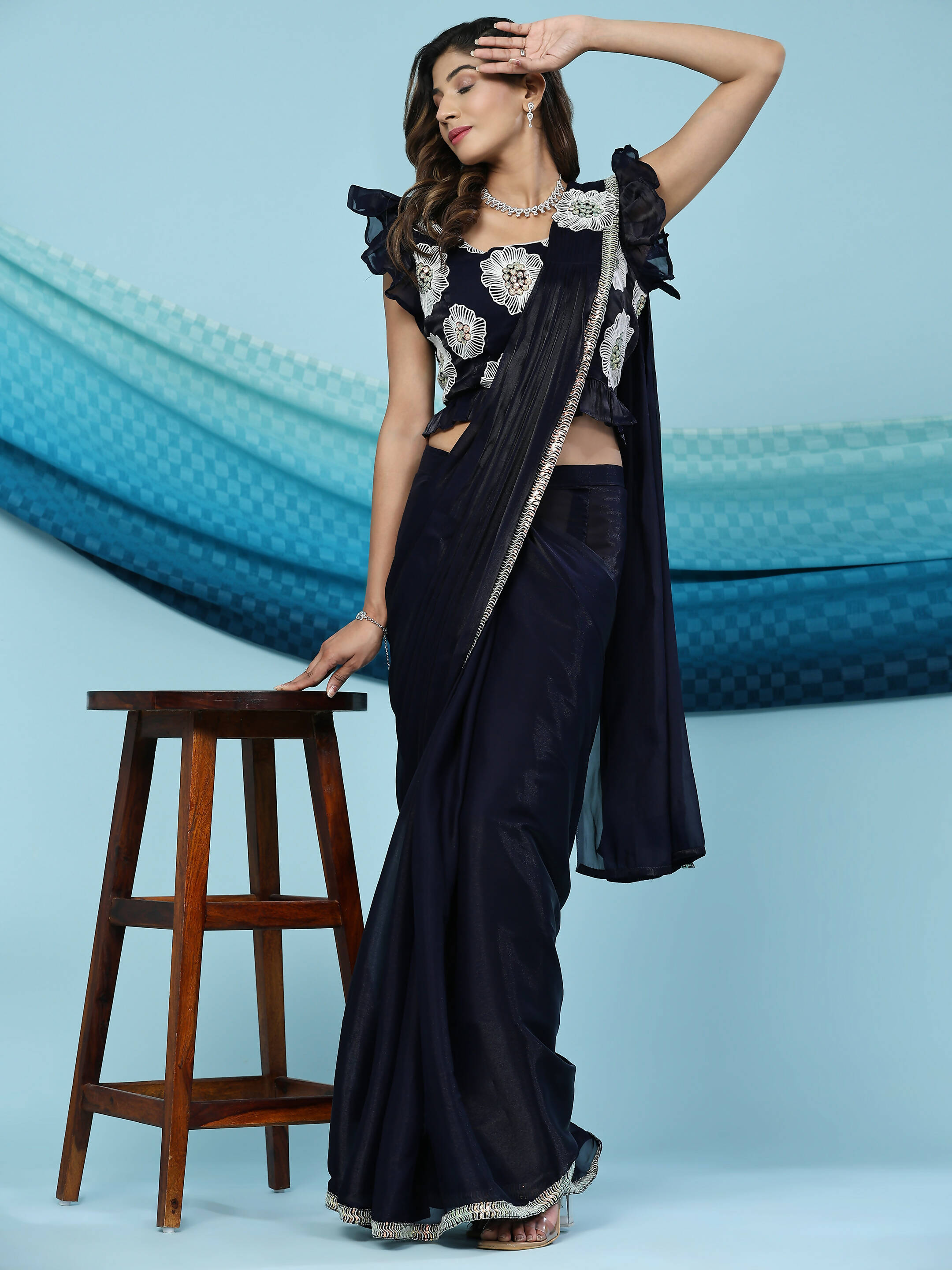 Black Silk Satin Sequence Work Ready to Wear Saree with stitched Blouse - Nirvana - Distacart