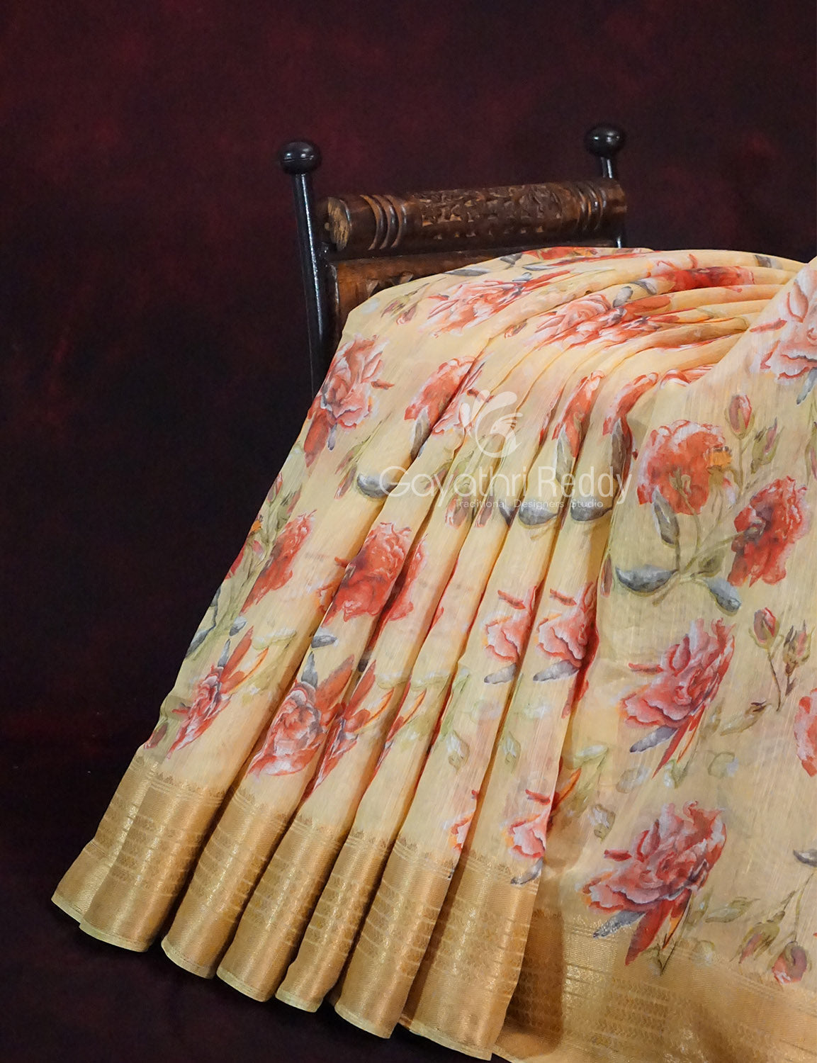 Shades of Wheat with Floral Design Semi Chanderi Saree By Gayathri Reddy Designer Studio - Distacart