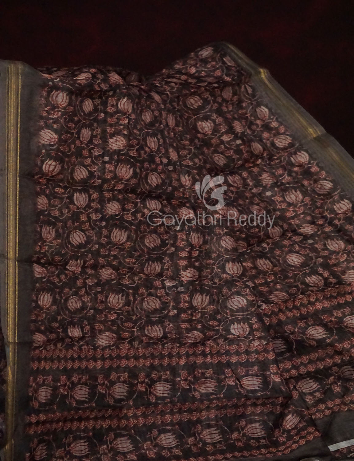 Dark Coffee Brown Colour Lotus Design Semi Chanderi Saree By Gayathri Reddy Designer Studio - Distacart