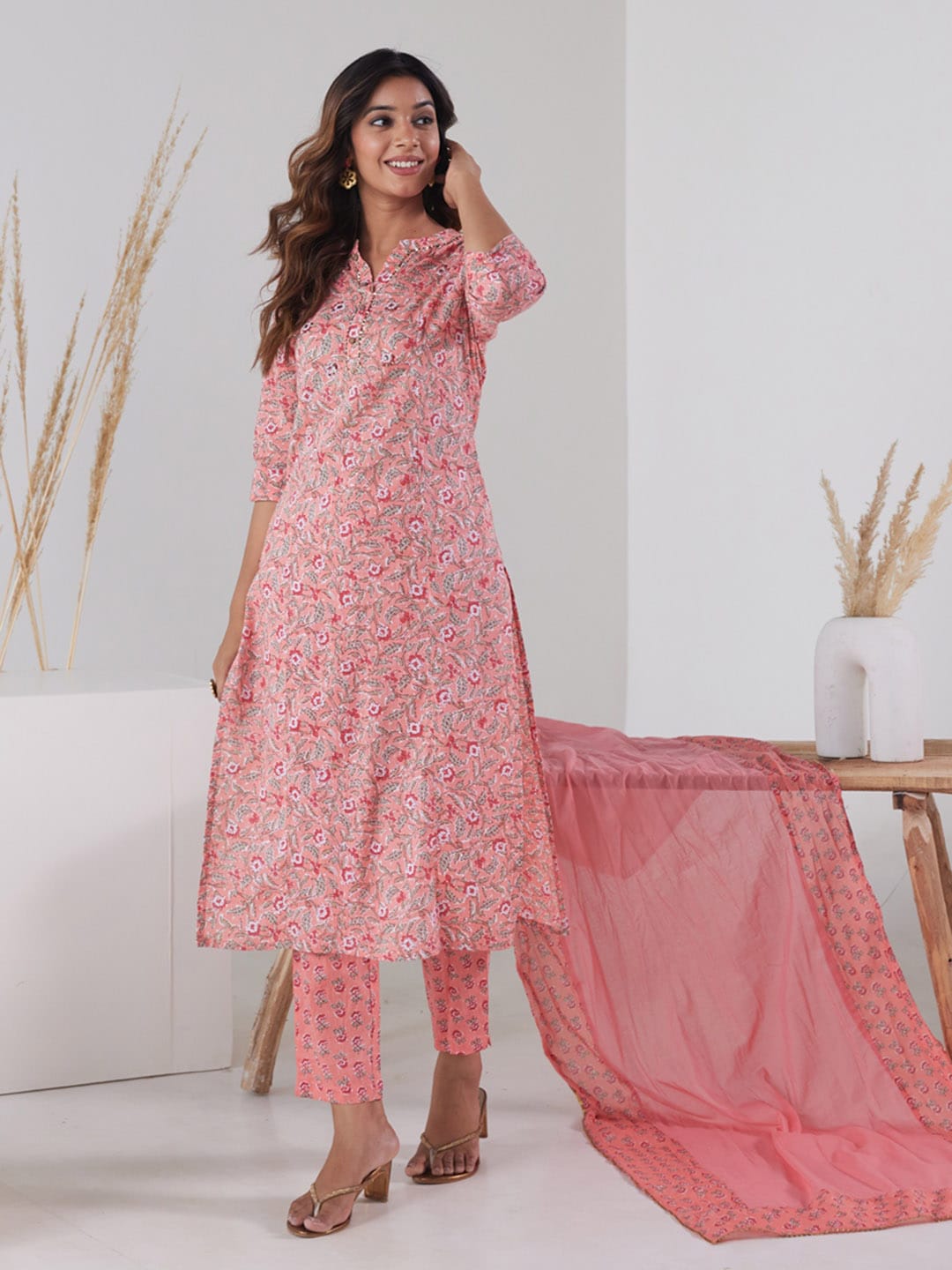 HERE&NOW Women Pink Floral Printed Pure Cotton Kurta with Trousers & With Dupatta - Distacart