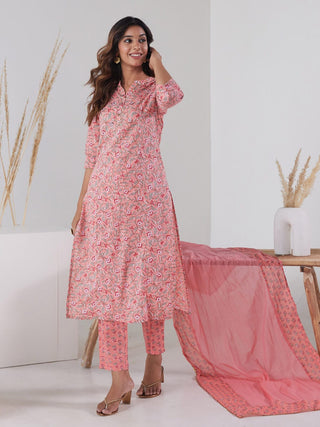 HERE&NOW Women Pink Floral Printed Pure Cotton Kurta with Trousers & With Dupatta - Distacart