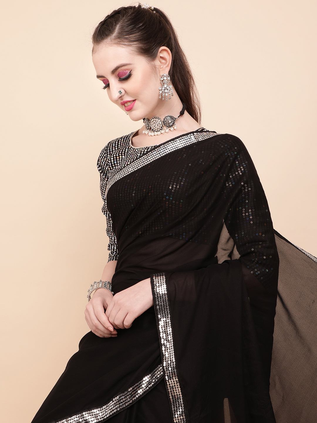 Sangria Black & Silver-Toned Sequinned Pure Georgette Celebrity Saree - Distacart