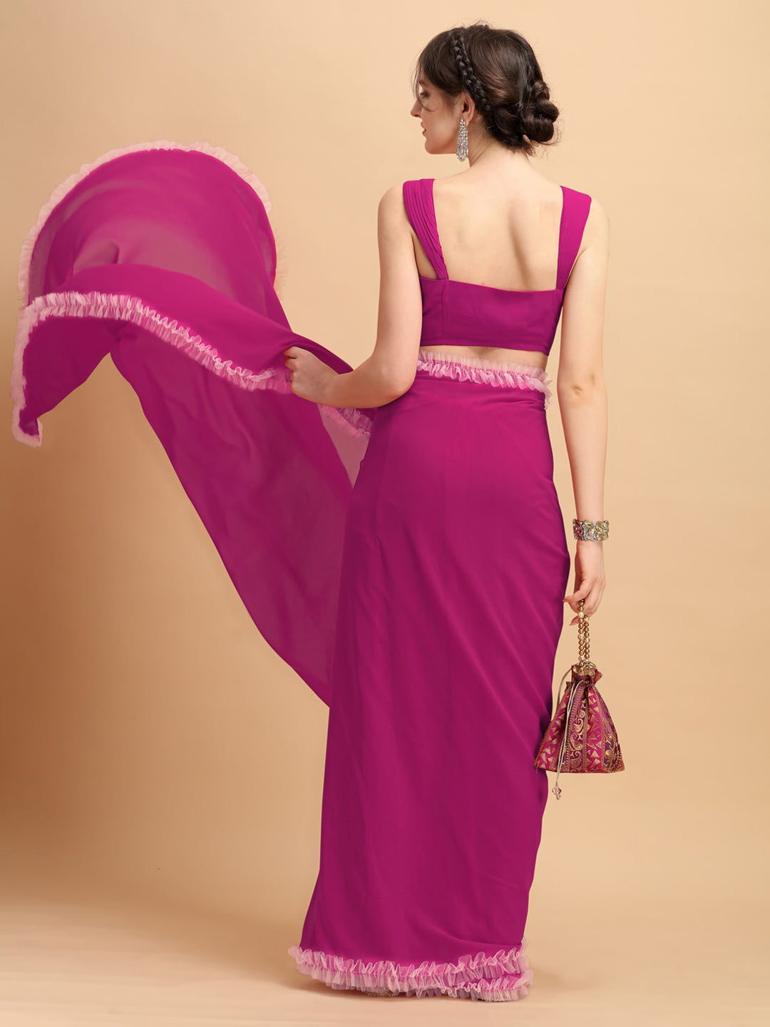 Sangria Magenta Solid Poly Georgette Ruffled Saree - Distacart