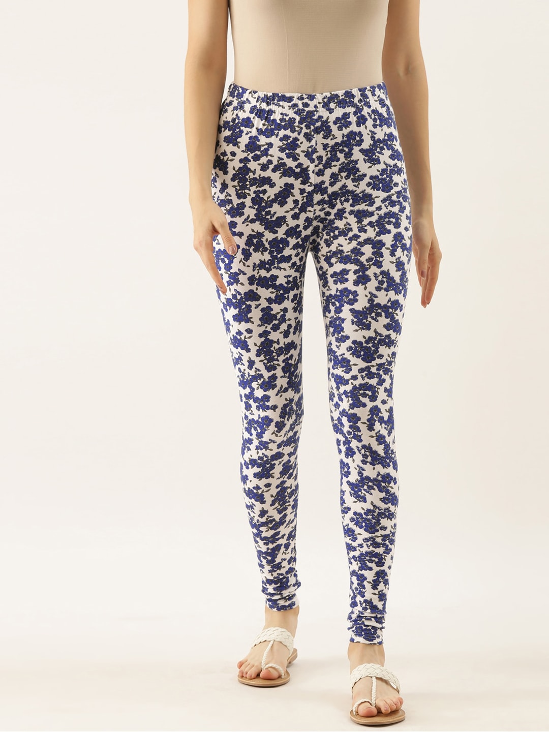 Souchii Women White & Blue Printed Slim-Fit Ankle-Length Leggings - Distacart