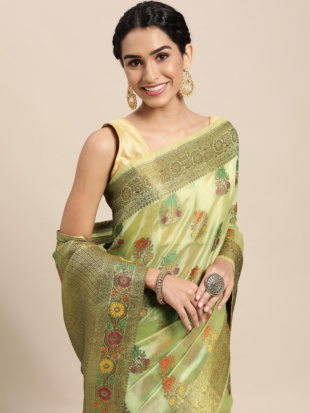 Mitera Green & Gold-Toned Ethnic Motifs Zari Organza Saree - Distacart